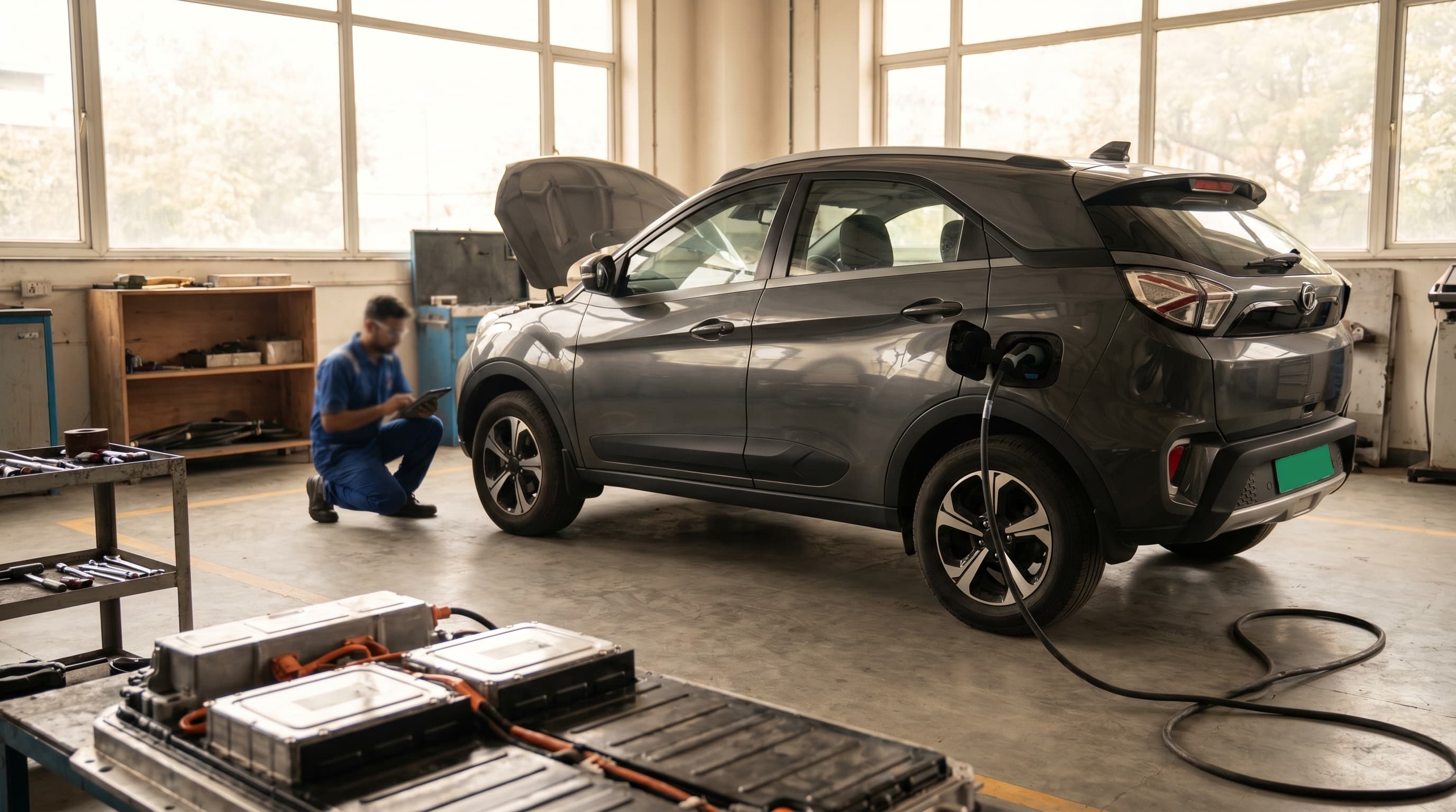 An electric vehicle being serviced in a workshop