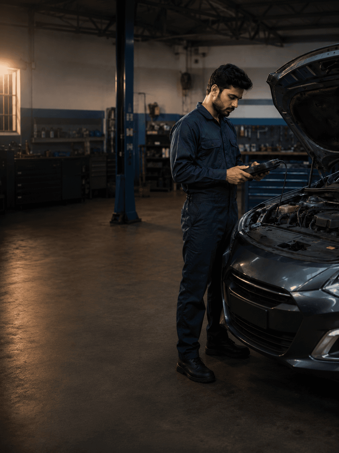 Technician at work inside a modern Indian multi-brand car workshop