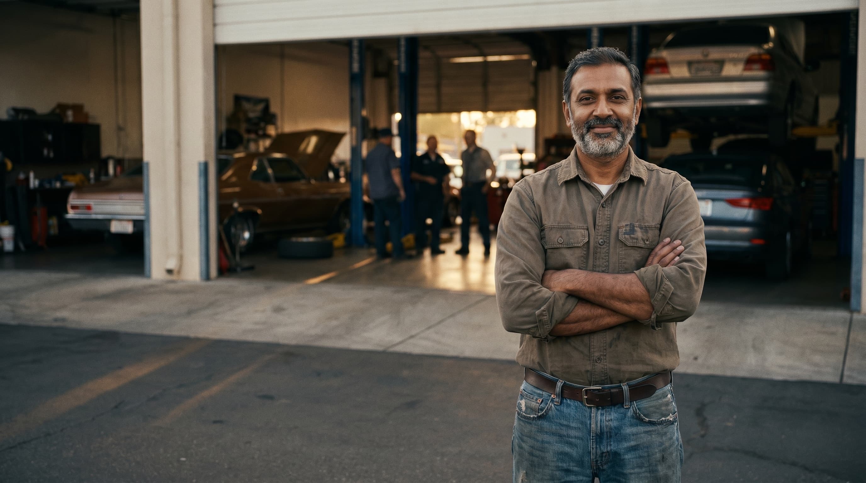Confident workshop owner standing at the service bay entrance