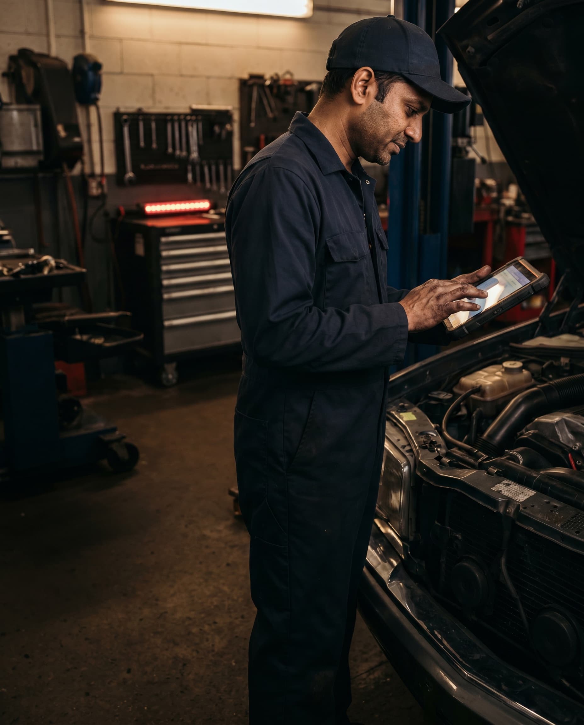 Mechanic running a diagnostic tablet on a car under inspection